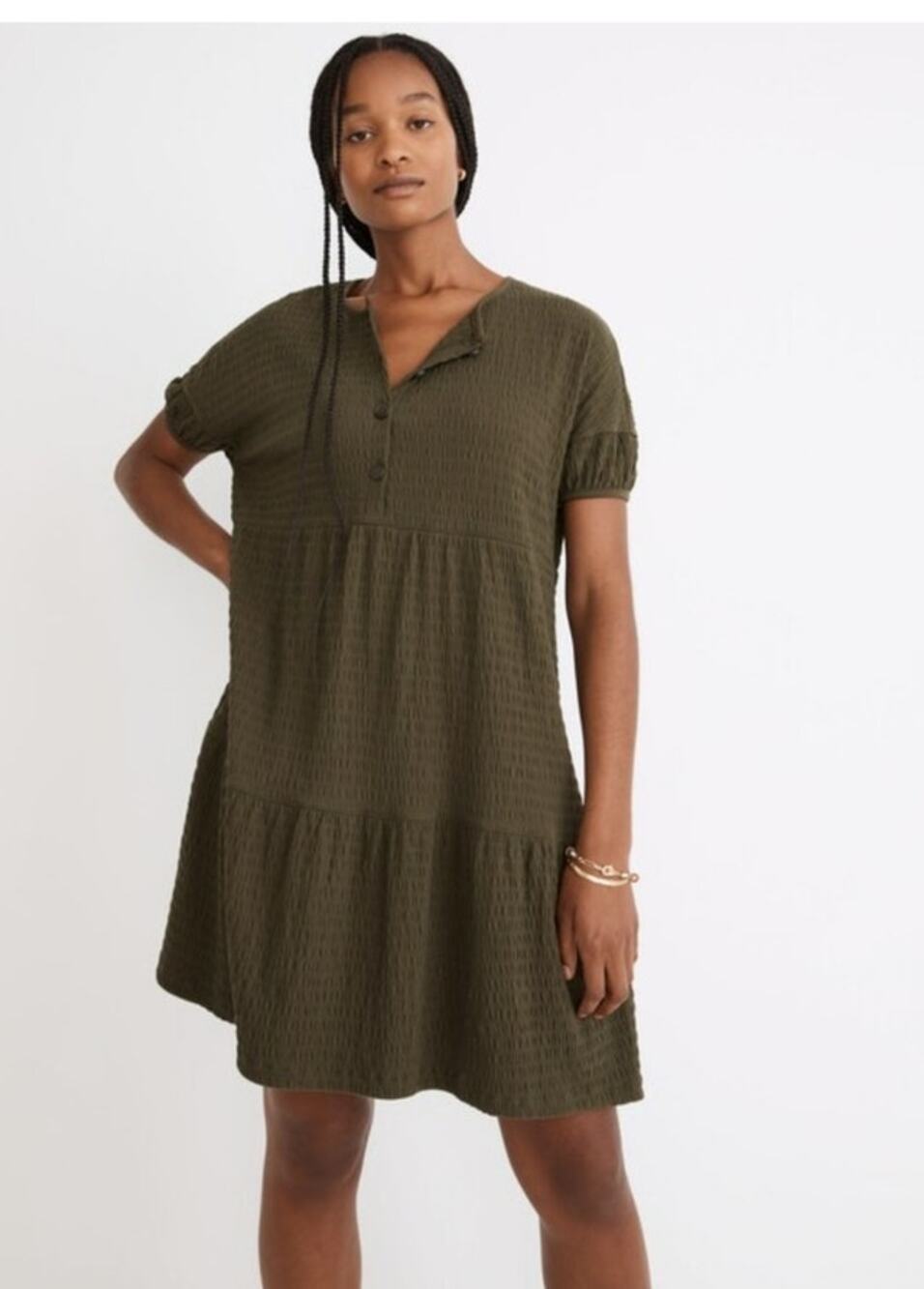 Madewell Dried Olive Crinkle Gauze Knit Tiered Mini Dress New! Women Large